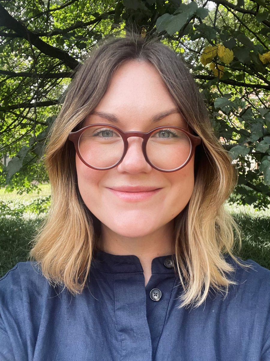 This is a picture of Helen Cannon outside of Vanderbilt Divinity School.